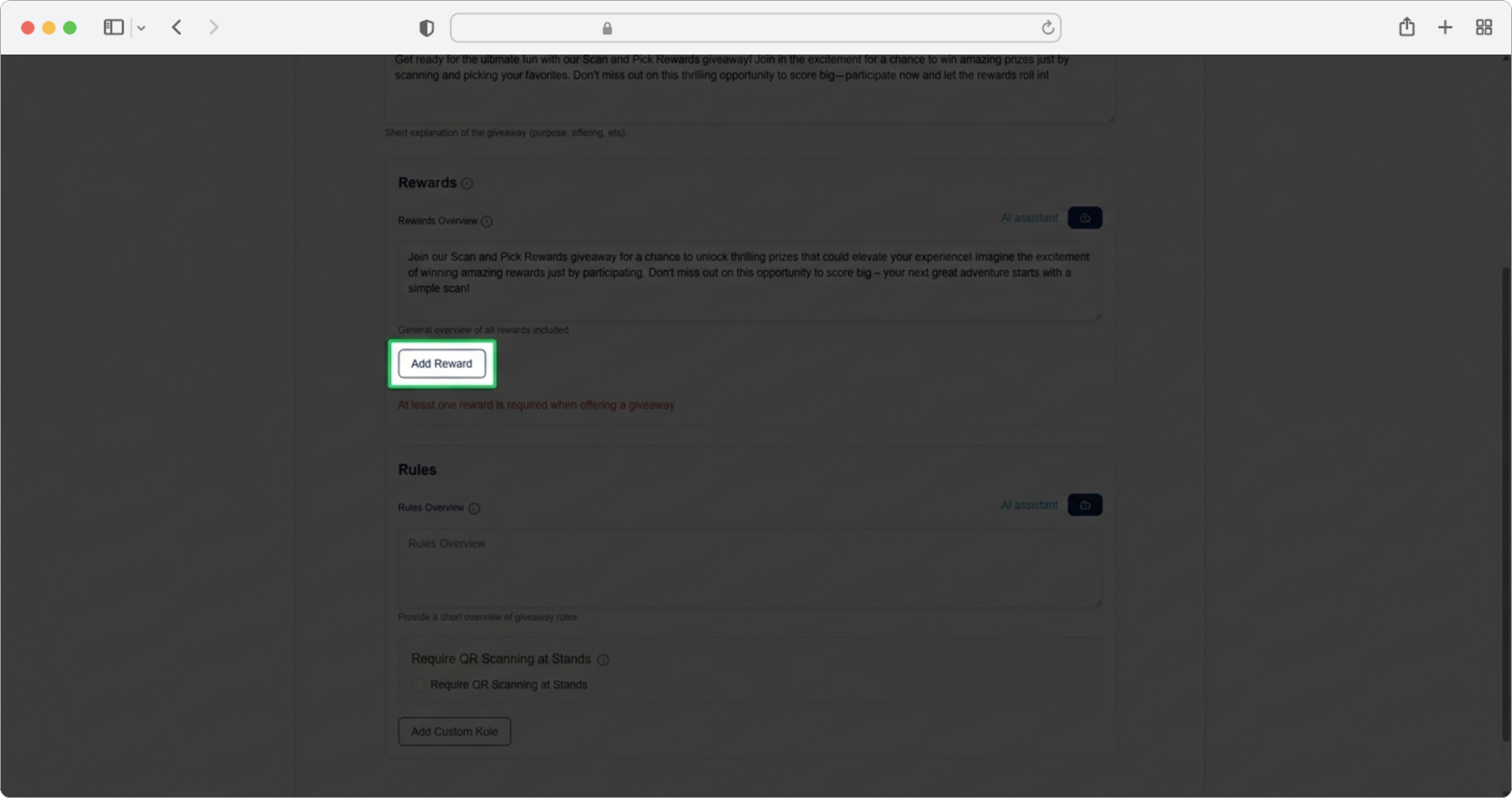 Click "Add reward" to add a prize
